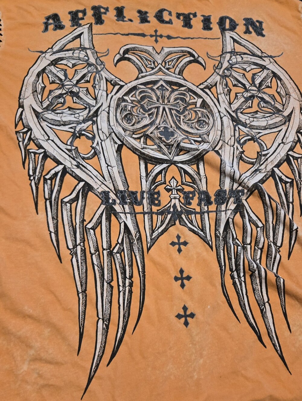 Affliction Orange Tee with Black and White Wing Crest